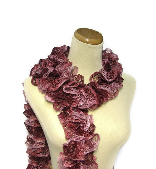 Hand Knit Ruffled Scarf - Red Mauve Garnet Pink