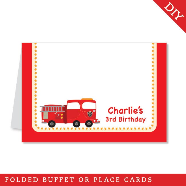 Fire Truck party - Personalized DIY printable buffet cards or place cards