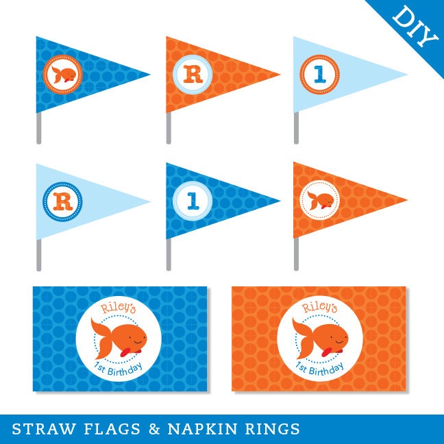 Goldfish party - Personalized DIY printable straw flags and napkin rings