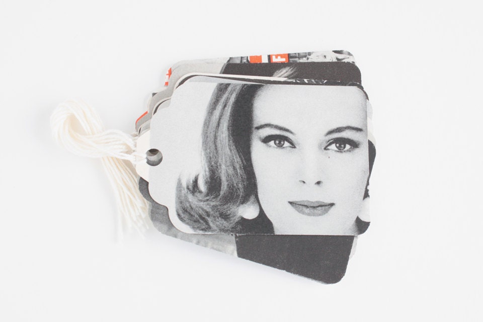 Magazine Gift Tags: Black & White 50s Fashion Tags, Set of 10, Repurposed Vintage Magazines, Upcycled Wrapping, Hang Tags, No. 1337