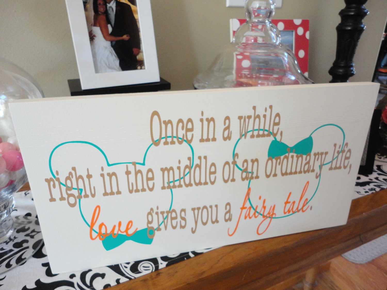 Love Gives You a Fairy Tale with Bride and Grooms Name and Date on back side.  10 X 18 Inches. Disney Bride, Mickey & Minnie Mouse Theme.
