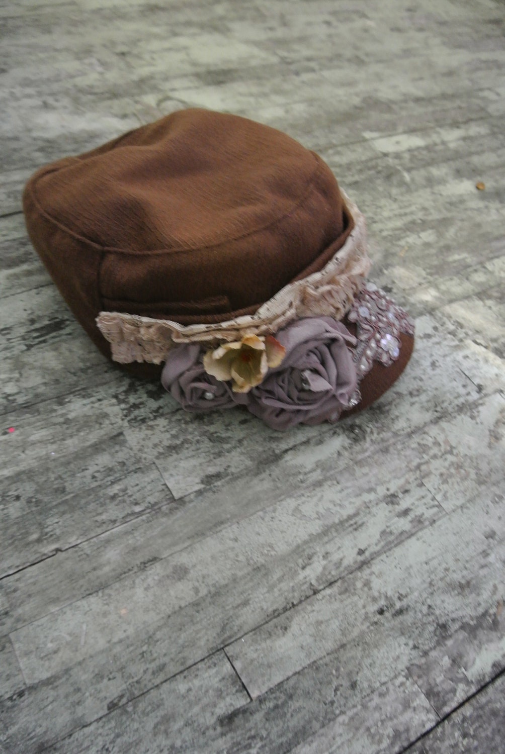 Embellished fall hat, reserve for Kprendy2 military cadet hat, chocolate brown country chic hat, womens accessories, rustic, cottage, shabby