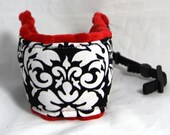 Camera Wrist Strap .. Webbing Cuff ..Quick Release Dandy Damask with Red Minky