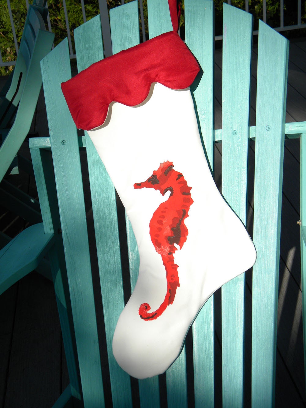 Red seahorse Christmas stocking 24" seashore coastal beach shell shelling nautical marine ocean sea cottage bungalow saltwater SCUBA