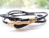 Black Braided Leather Bracelet with Gold Toggle, Leather Wrap Bracelet, Friendship Bracelet, Wire Wrap Bracelet