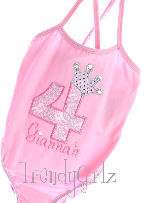 Elegant Platinum and Pink Princess Birthday Number or Letter with Rhinestone Crown Leotard Tee Shirt Onesie Dress Design Your Own