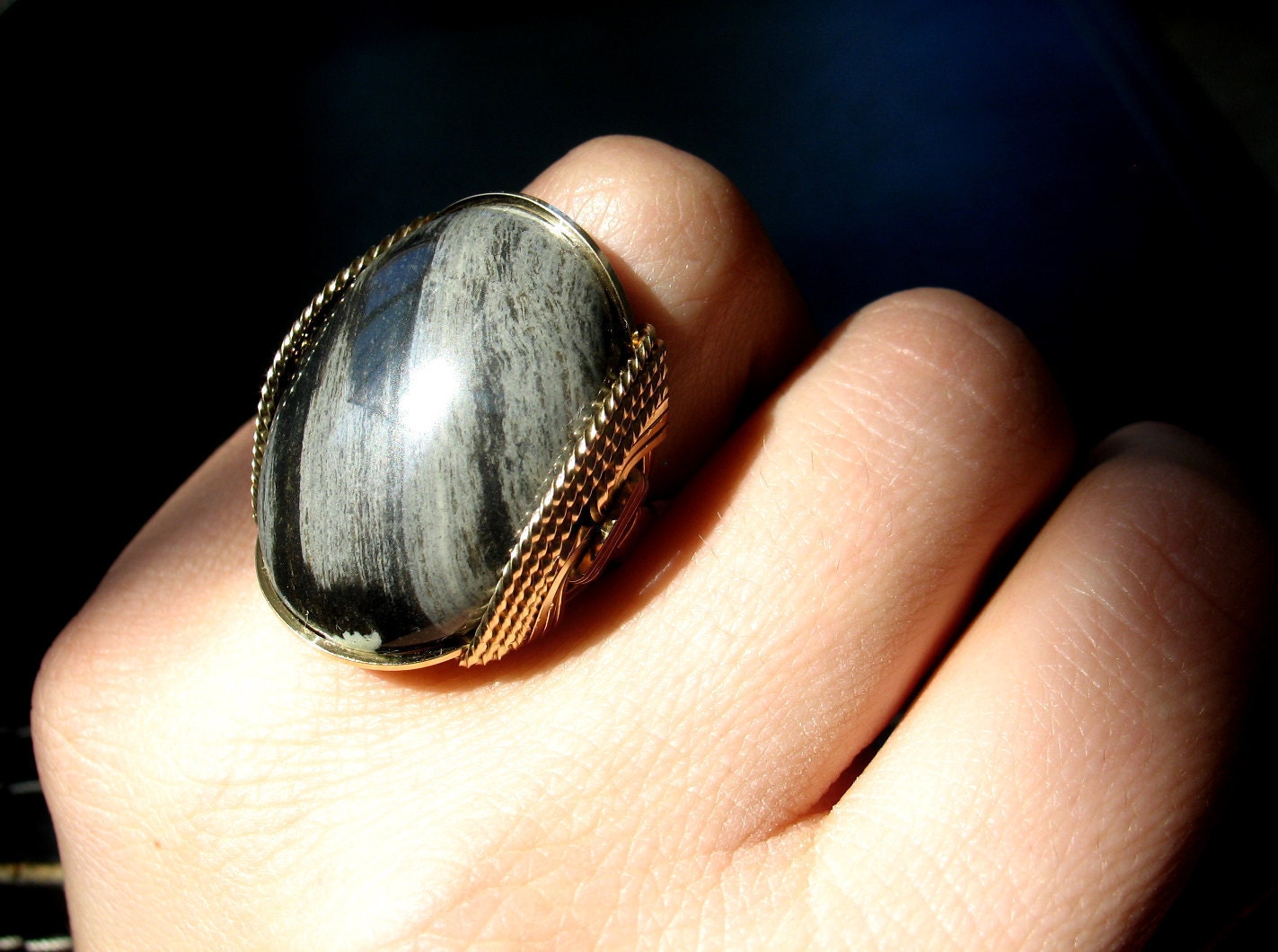Shadow Ring, Black Grey Stone, 14K Gold Filled, Dramatic Jewelry, Mens Ring, Wire Wrapped Jewelry