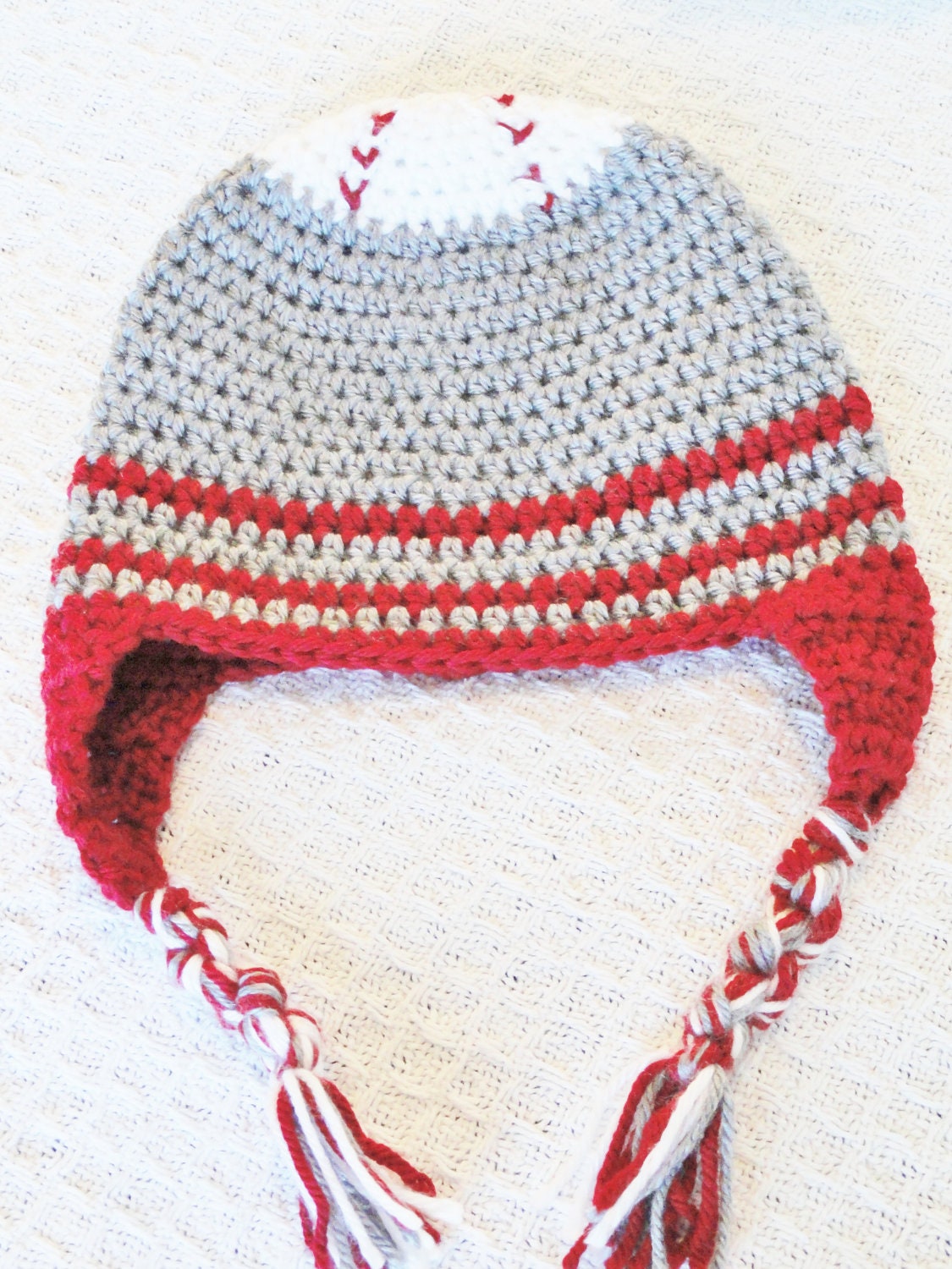 Boston Red Sox Inspired Hat Hand-crocheted Kid Beanie Baseball Top Grey Red with Ear Flap Tassels By Distinctly Daisy