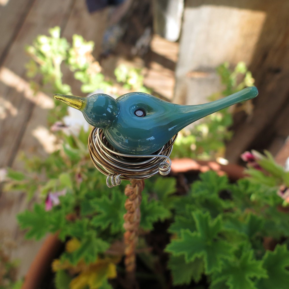 Garden art, Spring decor, yard art, Glass bird plant stake, Fall decoration - Turquoise
