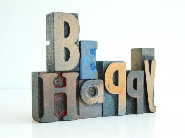 SALE 20% OFF: Vintage Wood Letterpress Type Set BE Happy