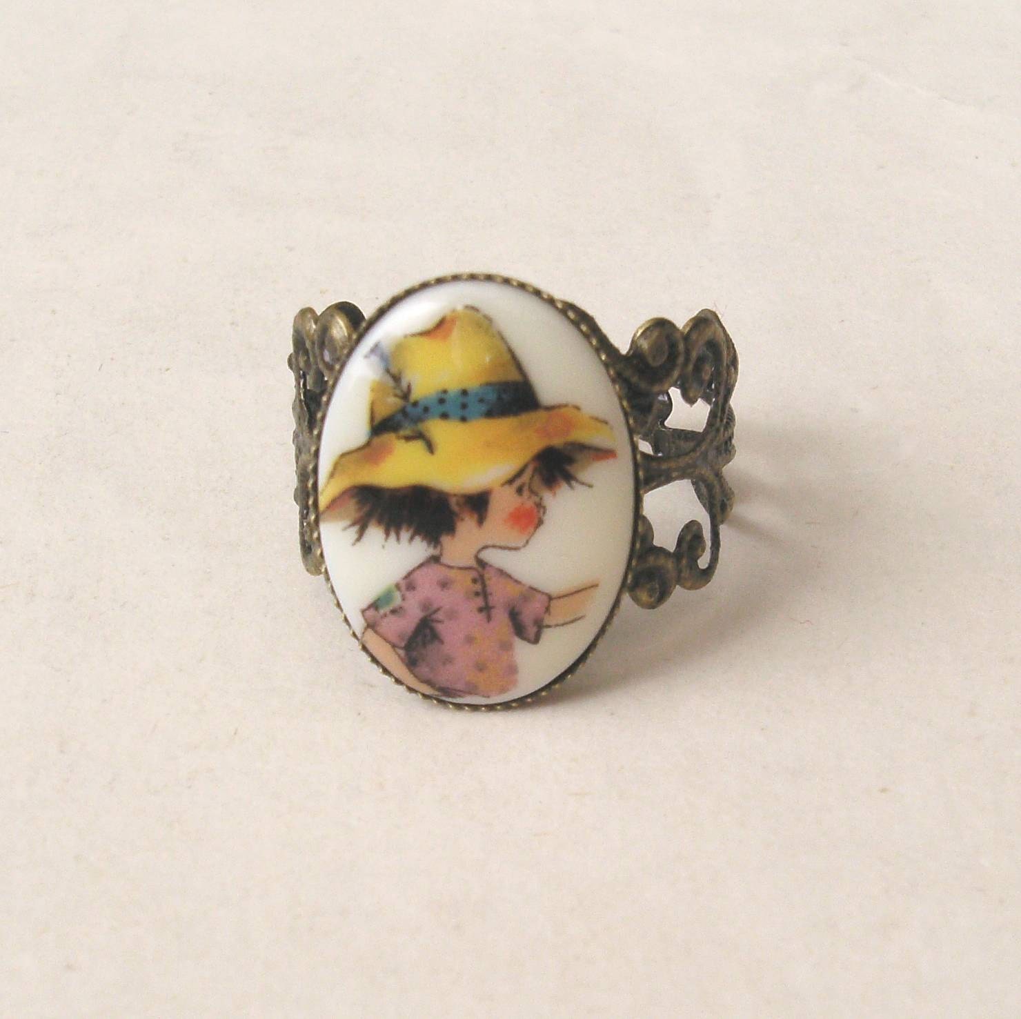 Rustic Boy Ring in Filigree Antiqued Brass, Cute Holly Hobbie Ring, Filigree Ring