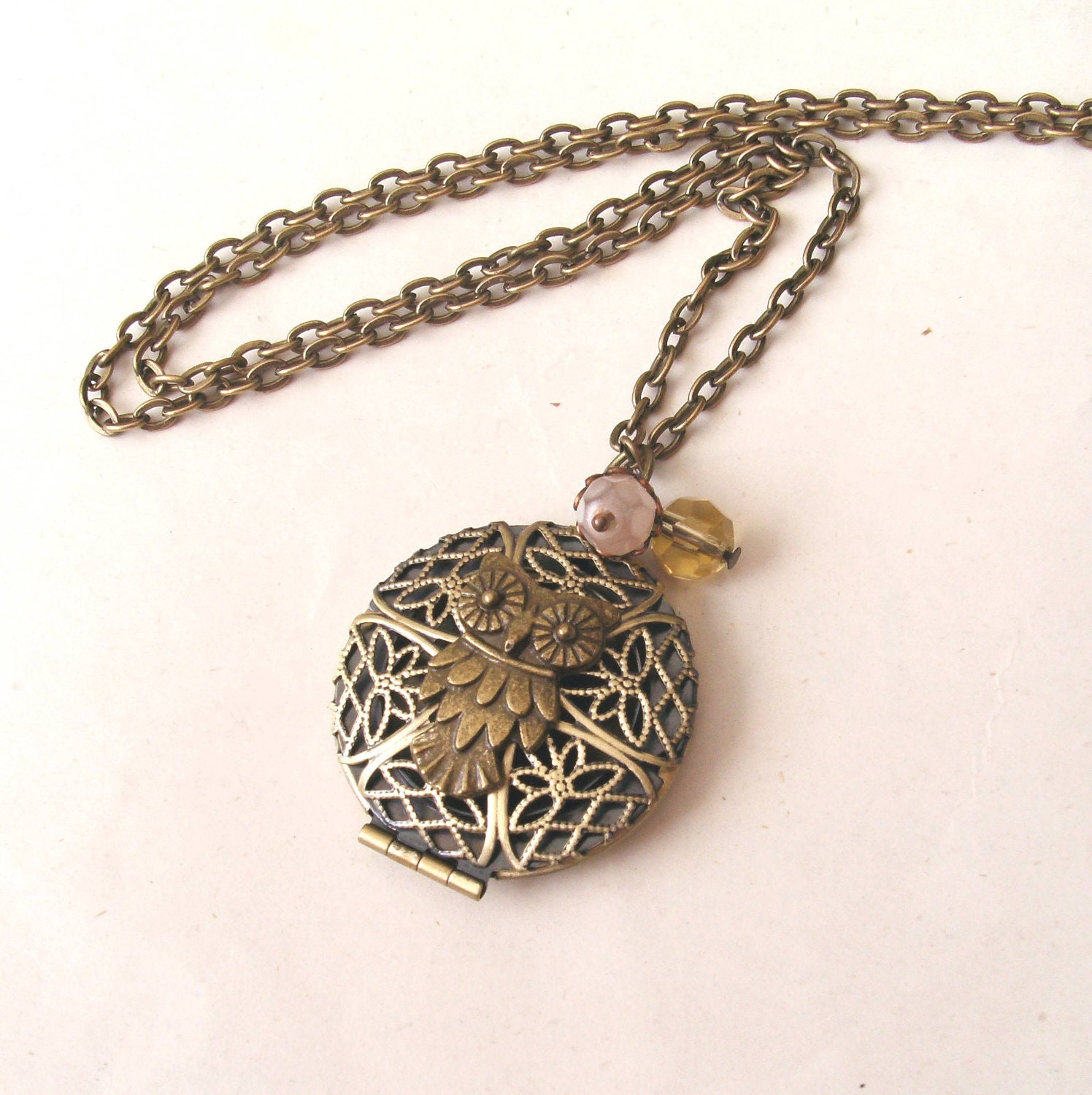 Owl Locket Necklace, Pink & Amber Beads, Filigree Round Locket, Owl Necklace