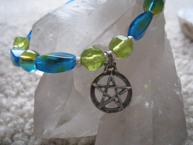 Aqua Blue & Green Pentacle Charm Bracelet (21)   6 3/4", magickal, wiccan, witch, spiritual, Pagan Poetry Collection, unique visions by jen