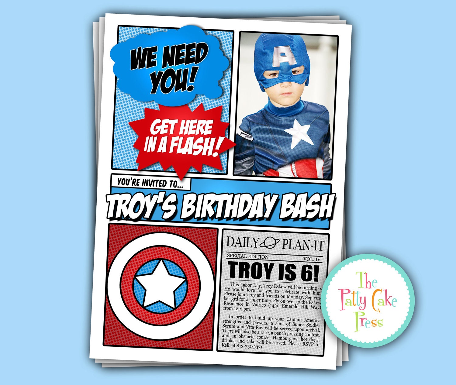 Captain America Invitation With photo, Birthday Party Custom Printable Digital File Super Hero Spiderman Superman Batman Superhero