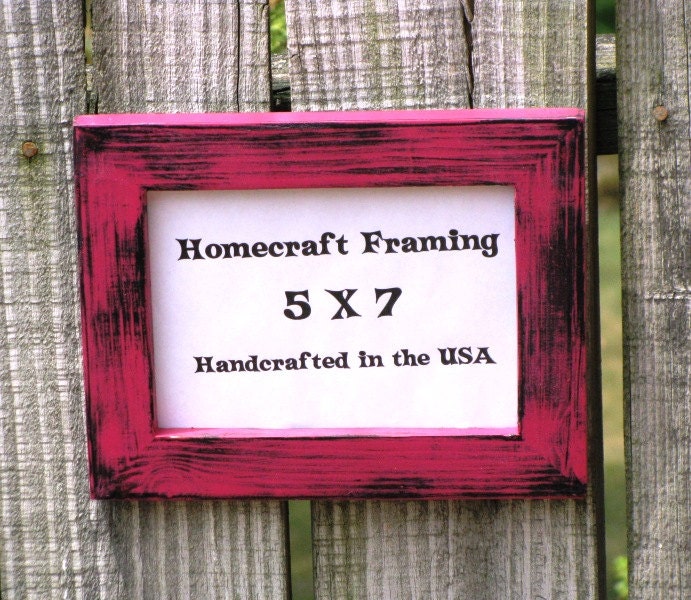 5X7 Picture Frame Distressed Raspberry Pink Black Frame Country Primitive Wooden