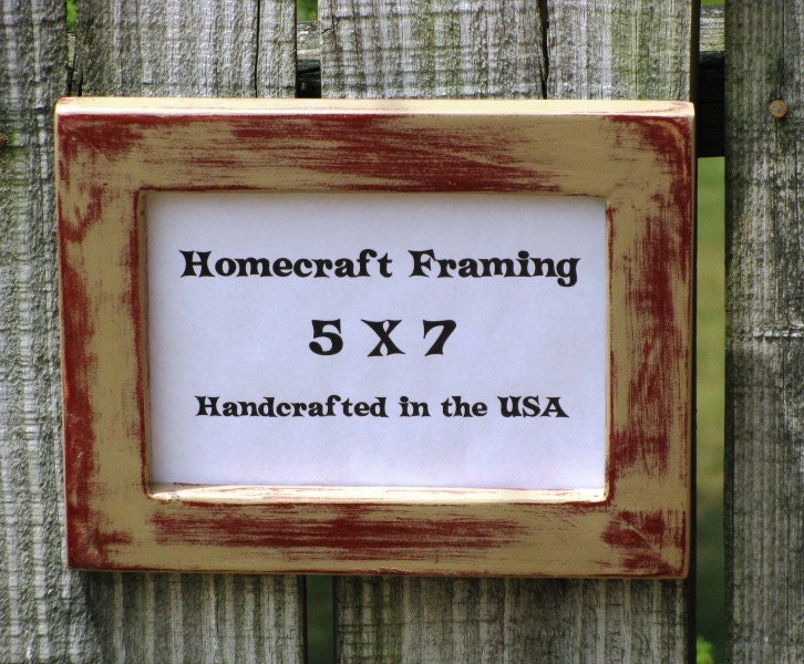 5X7 Picture Frame Distressed Tan Red Frame Country Primitive Wooden