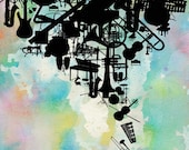 Pastel Watercolor Music Art, Painting, Aqua, Blue, Pink, Black, Yellow, Pastels, Music, Instruments, Band, Rock, Jazz, Soul, Pop, Blues