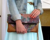 Floral Lilac Watercolor Clutch with Distressed Leather Detail -  el Hustle