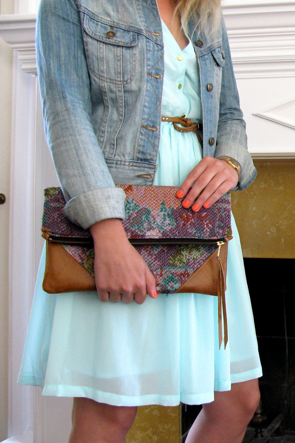 Floral Lilac Watercolor Clutch with Distressed Leather Detail - el Hustle