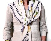White Ivory Lilac Floral Cotton Fabric Scarf Shawl Crochet Lace