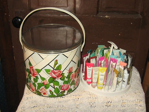 1970s red roses painted enamel tin emboidery basket with ARTEX liquid embroidery and caddy