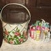 1970s red roses painted enamel tin emboidery basket with ARTEX liquid embroidery and caddy