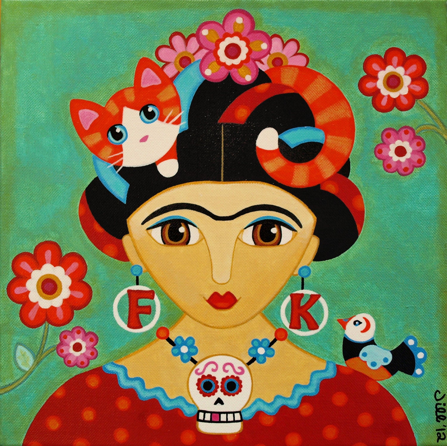 Funky FRIDA Kahlo with Her Orange Tabby CAT & Bird Art PRINT from Original Painting by Jill