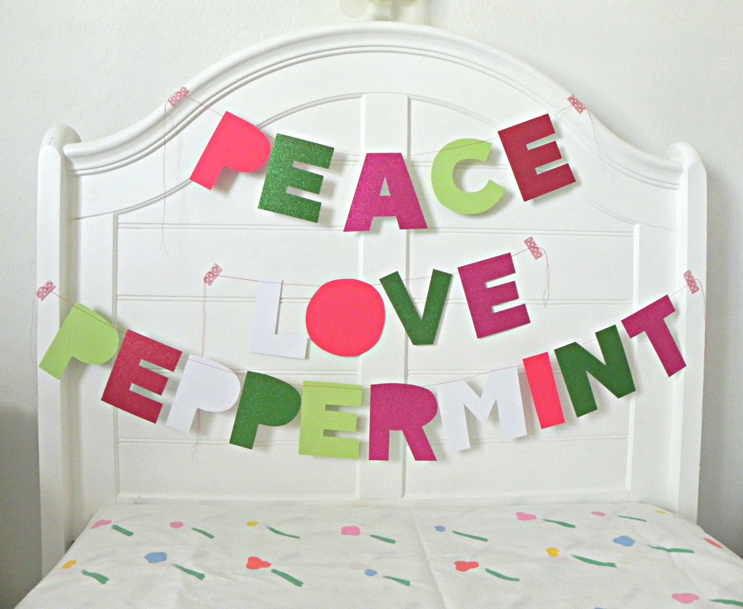 Peace Love Peppermint Sewn Glitter Paper Sentiment Banners Christmas Holiday Tree Garland / Bold Holiday Decor