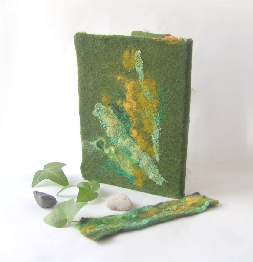 Felted journal notebook cover  Green moss autumn fall  gift under 25