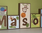 Personalized Wood Blocks -  M2M Lamb & Ivy's Team Safari Bedding - Baby Room Decor Custom Name Letters - Monkeys-Sports