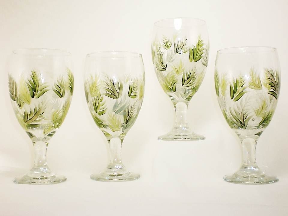 On SALE - Hand Painted Iced Tea Juice Beverage Glasses  - Abstract Green Fern Design, Set of 4, 16 oz - Housewarming Beer READY to SHIP