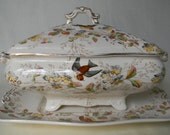 Soup Tureen Birds Twigs Berries  Brown Transferware Aesthetic Movement Hand Painted Circa 1880's STUNNING