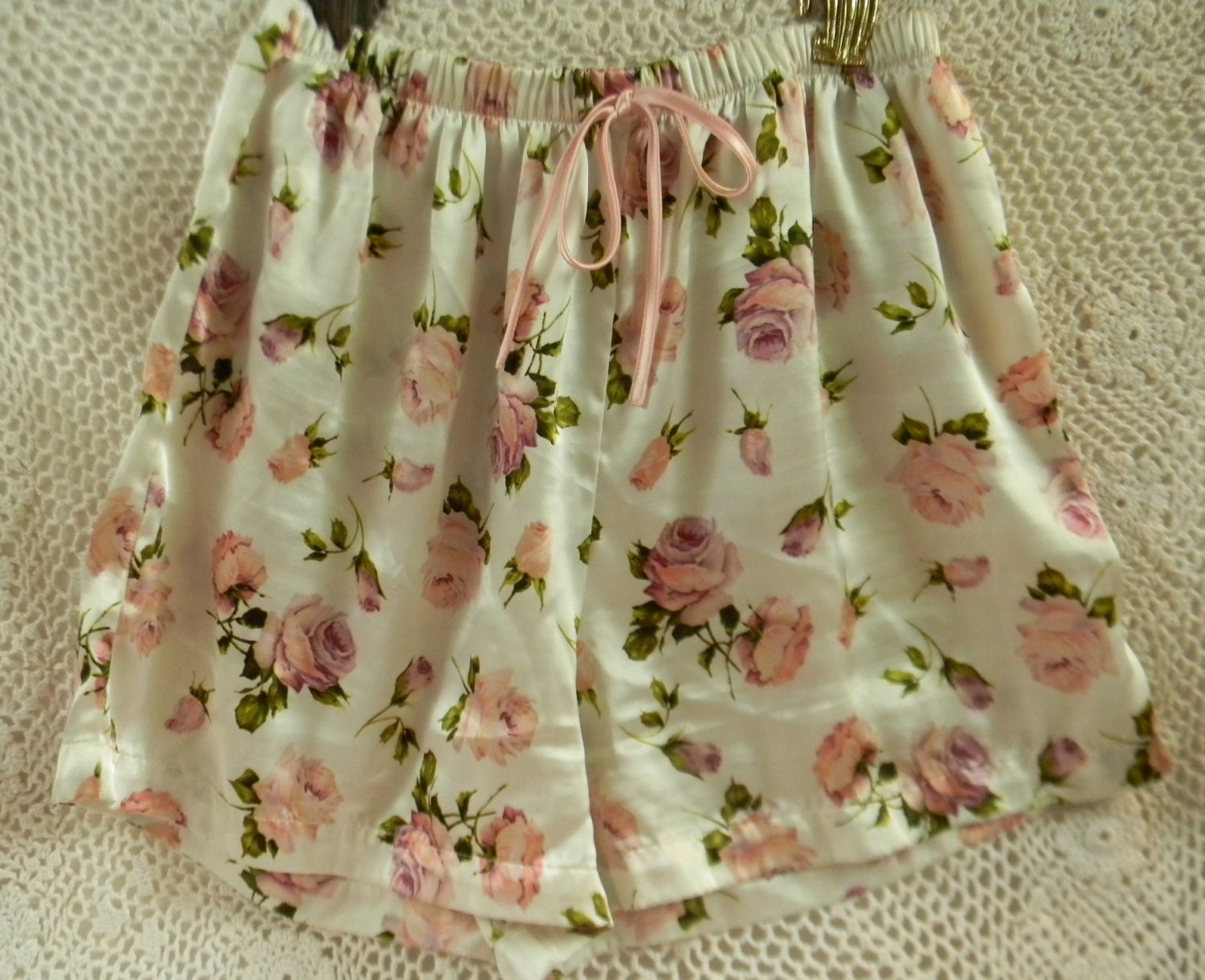 Vintage Pink and Lavender Rose Buds Satin Pajama Sleep Shorts with Pink Ribbon Tie