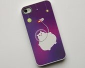 iPhone 4 case Fat Kitty in Space on a Purple Background