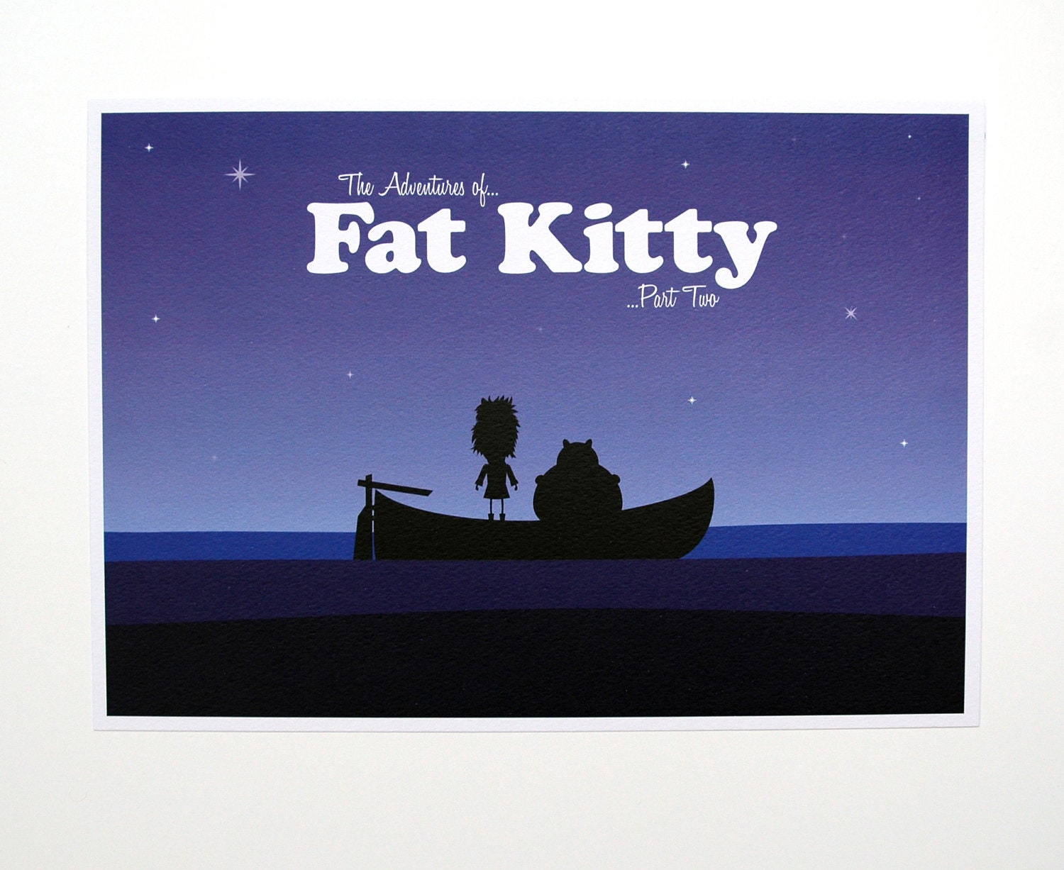 Fat Kitty Cat A4 Print, Fat Kitty in a boat under a twilight sky
