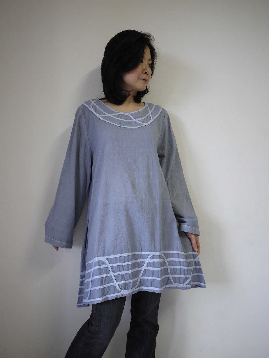Long Sleeve Blueish Grey Cotton Blouse/Tunic With Applique Detail At Collar And Bototm Hem
