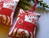 One Nordic Deer Folkart Redwork Linen Christmas Ornament