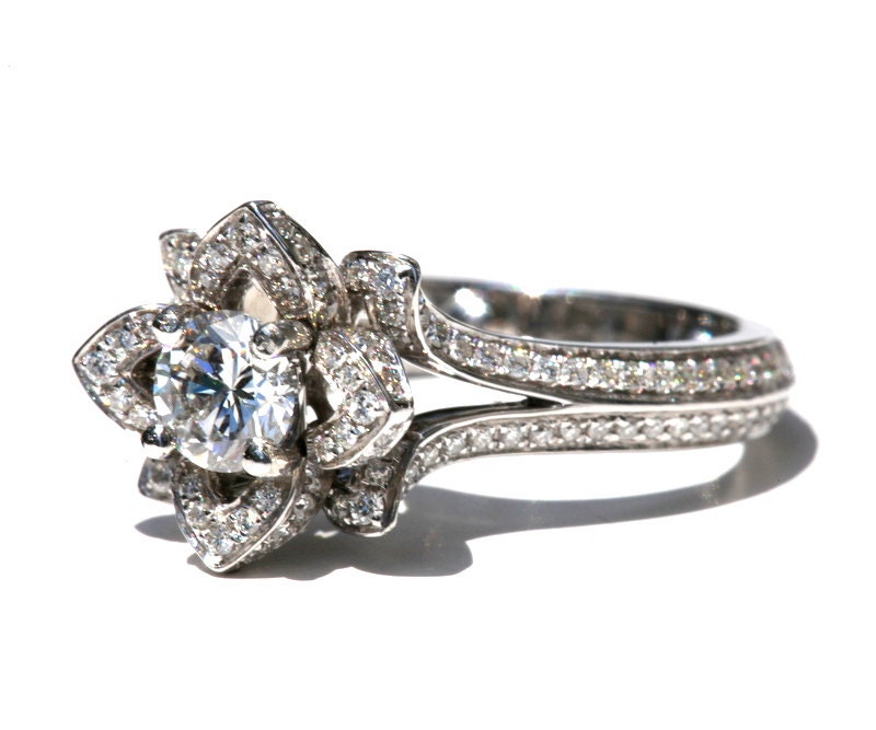 Two Rows - UNIQUE Flower Rose Diamond Engagement Ring - 2.50 carat - 14K white gold - wedding - brides - custom made - art deco - fL05