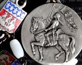 JOAN OF ARC On Horse Medal Necklace. Dieu Le Veult. White Glass Rosary. Fleur de Lis & Ship Key Fob Charms. Renaissance Assemblage