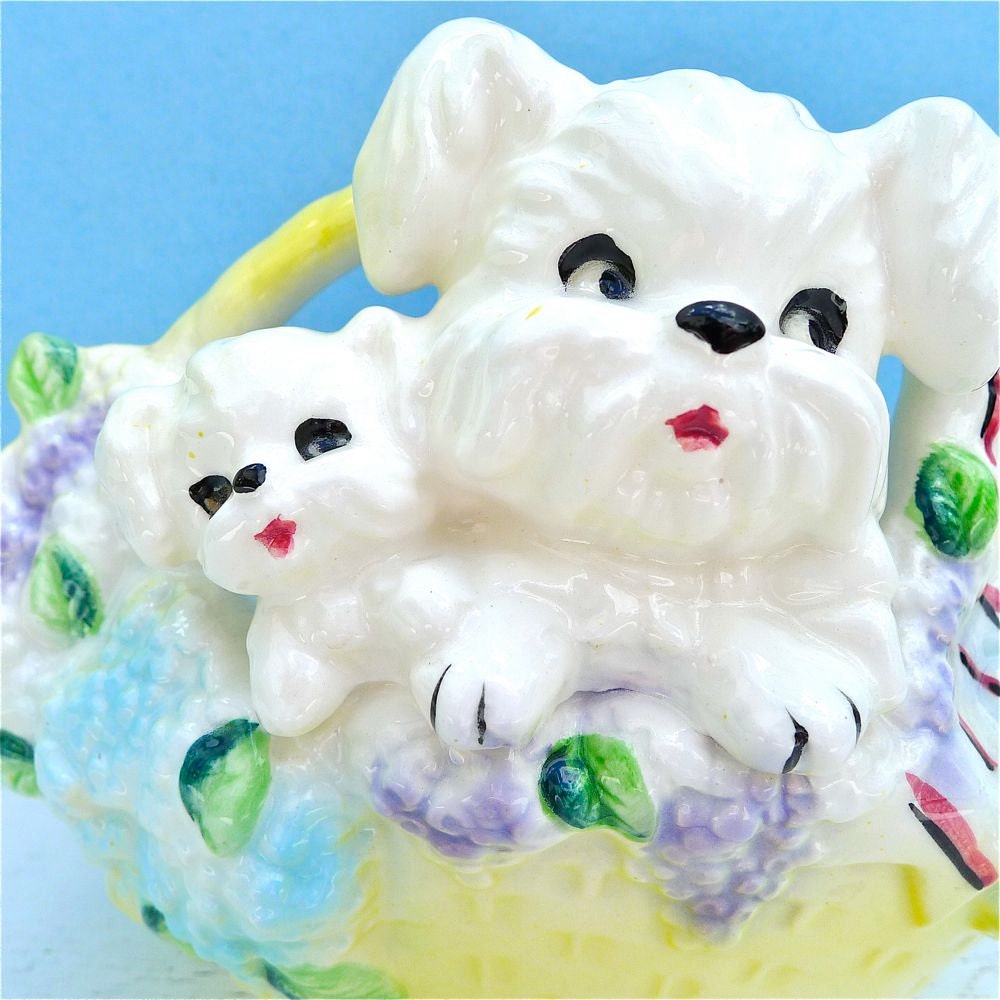 Vintage Artmark Terriers In Basket Planter Cute