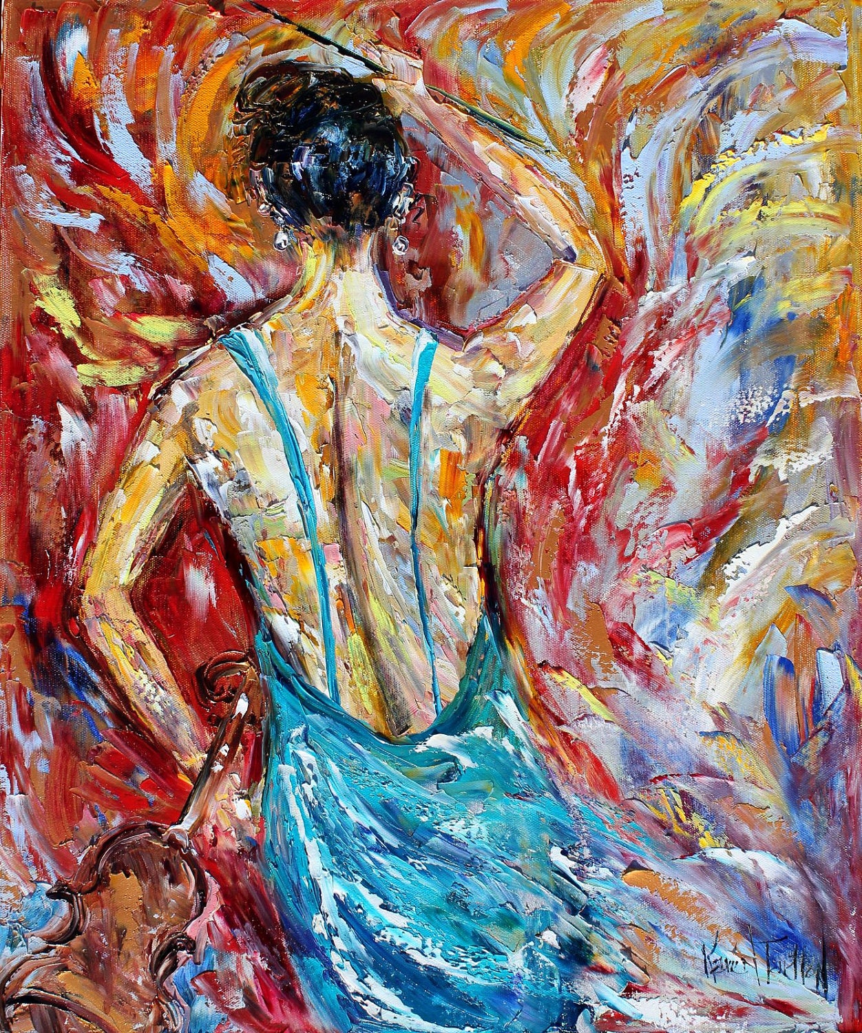Original oil painting VIOLIN figurative woman palette knife fine art modern impressionism by Karen Tarlton