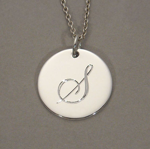 Initial S charm pendant monogram necklace sterling silver personalized 5/8 inch round circle disc SDLCS-L