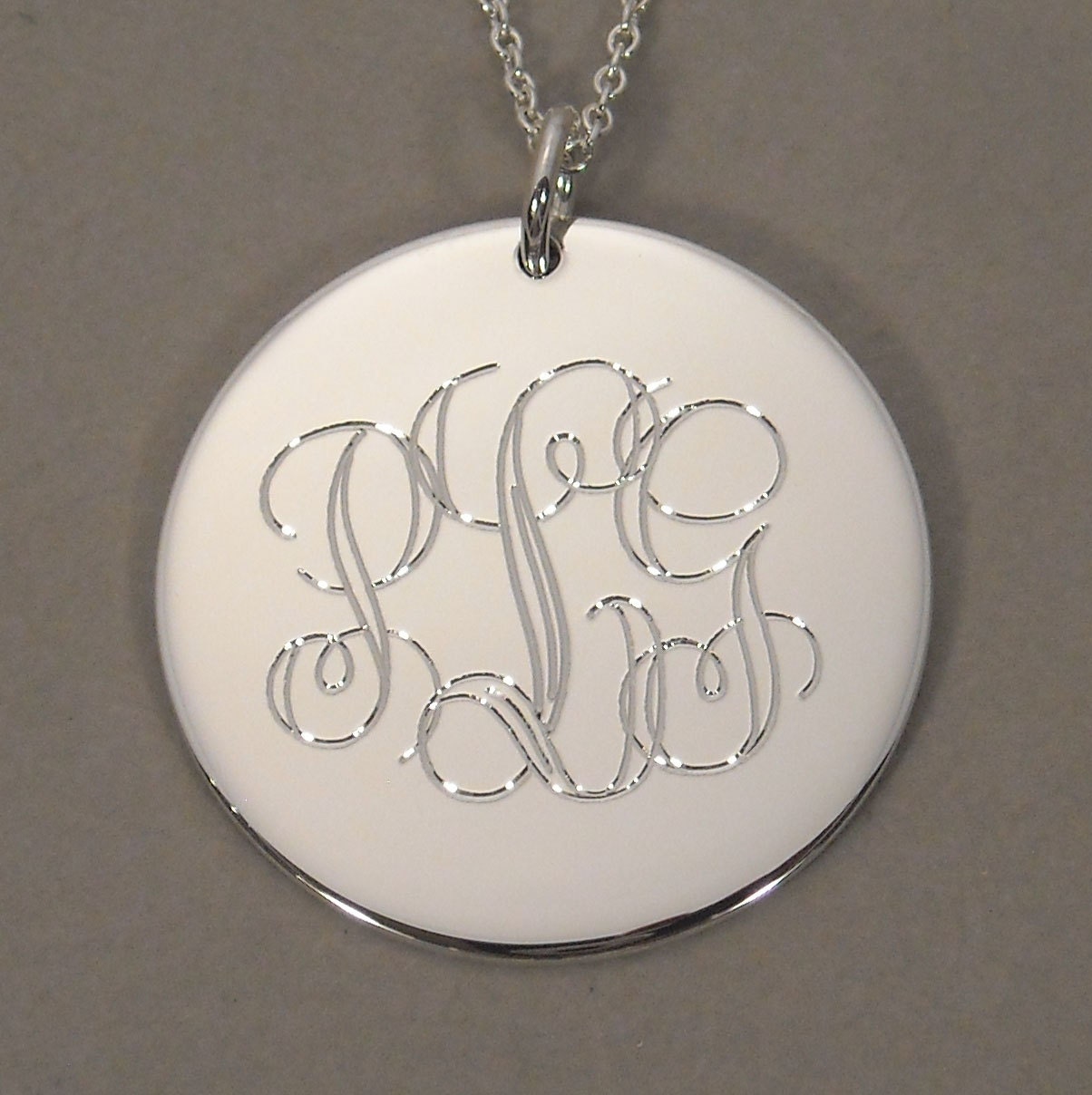 Monogram necklace pendant engraved script initial sterling silver charm 1 inch round circle disc UTLVS
