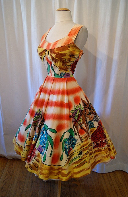 On Hold Show stopper 1950's hand painted Mexican tourist new look summer sun dress pin up girl rockabilly bombshell - size Small / Medium