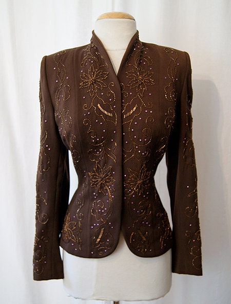 Amazing 1940's chocolate brown gabardine jacket with hand beading film noir Hollywood glamor rockabilly classic size medium