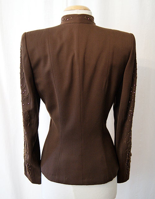 Amazing 1940's chocolate brown gabardine jacket with hand beading film noir Hollywood glamor rockabilly classic size medium