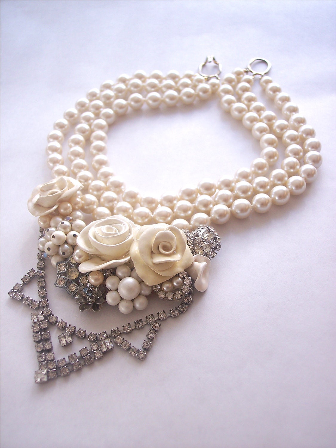 Wedding Pearls  Statement Necklace Vintage Rhinestones Chunky
