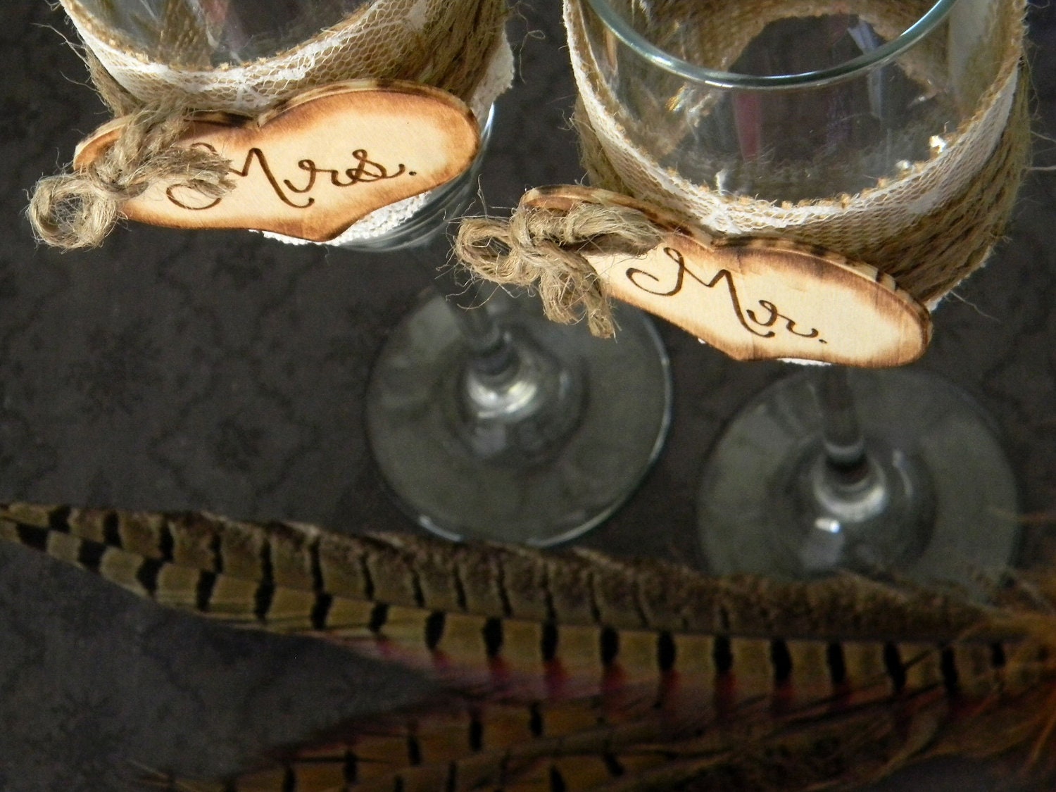 Mr. & Mrs. Glasses Champagne Flutes Rustic Woodland Shabby Chic Burlap and Lace