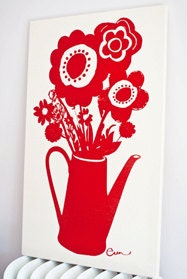 Large Mid Century Inspired Floral Wall Art Silk Screened on Bark Cloth