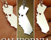CALIFORNIA  State, sterling silver pendant, sterling silver chain, custom heart